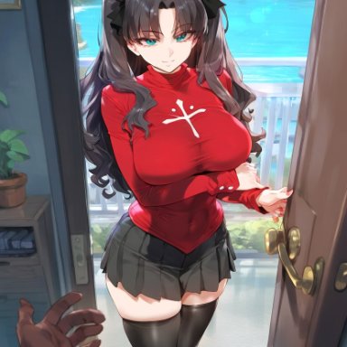 fate (series), tohsaka rin, waifulover, 1girls, black hair, black legwear, blue eyes, breasts, dark-skinned male, inminent sex, light-skinned female, thick thighs, twintails, ai generated, hi res