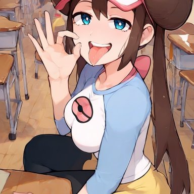 nintendo, pokemon, pokemon bw2, rosa (pokemon), 1girls, blowjob gesture, breasts, classroom, clothed, looking at viewer, school, sitting, suggestive, thick thighs, ai generated