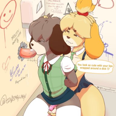 animal crossing, nintendo, digby (animal crossing), isabelle (animal crossing), tinysmallman, accessory, anthro, assisted fellatio, assisted oral, ball fondling, balls, bathroom, blouse, bodily fluids, bottomwear