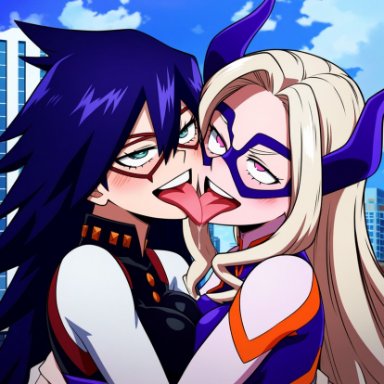 my hero academia, midnight (my hero academia), mount lady, artist request, 2girls, blush, blushing, female, female only, french kiss, pleasure face, tongue kiss, yuri, ai generated