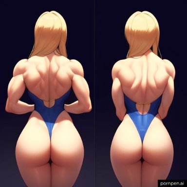 original character, pornpen.ai, back view, one-piece swimsuit, female, muscular female, back muscles, muscular back, muscular arms, big ass, perfect body