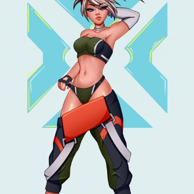 league of legends, original, akali, true damage akali, sports bra, underwear, blue eyes, long hair, two tone hair, big breasts, wide hips, lingerie