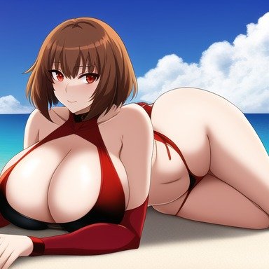 undertale, chara (undertale), big ass, big breasts, swimsuit, beach, blue sky, big thighs, brown hair, red eyes, looking at viewer, ai generated
