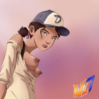 the walking dead game, the walking dead, clementine (the walking dead), clementine, nolegal, simple background, light-skinned female, medium breasts, short hair, hat, baseball cap, dark nipples, white shirt, clothed, bare shoulders