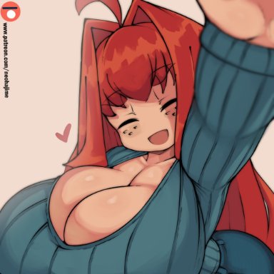 original, momma j(neo hajime), neo hajime, 1girl, big breasts, clothed, female, female only, huge breasts, patting head, patting, smiling, red hair