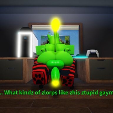 regretevator, roblox, gnarpy, big penis, big ass, thighhighs, furry, furry tail, at computer, house