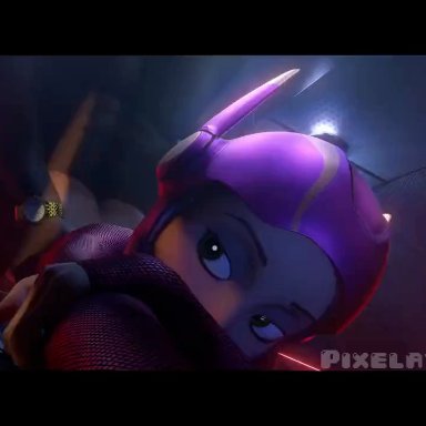 big hero 6, honey lemon, pixelatedblithe, sound, straight, helmet, shy, embarrassed, interracial, clothing, clothed, dark-skinned male, light-skinned female, green eyes, caught