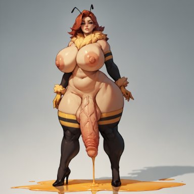 shennru, antennae, armwear, bee, bee girl, cum puddle, fur tuft, futanari, honey, huge ass, huge breasts, huge cock, red hair, solo futa, thick thighs