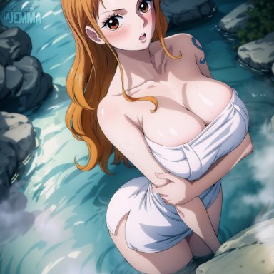 one piece, nami, jemmasoria, 1girls, female, female only, looking at viewer, looking back, looking up, onsen, pink hair, solo, solo female, towel, towel only