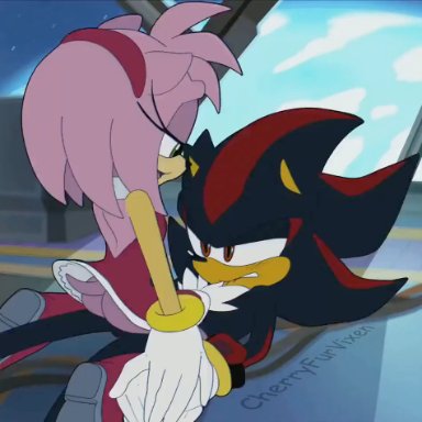 sega, sonic (series), sonic the hedgehog (series), amy rose, shadow the hedgehog, cherryfurvixen, 1boy, 1girls, big ass, big breasts, cowgirl position, furry, moaning in pleasure, space, 2d