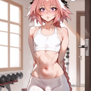 fate (series), fate/grand order, astolfo (fate), a1exwell, 1boy, bulge, confused, crop top, cute bulge, cute male, femboy, gypsy, leggings, parted lips, penis
