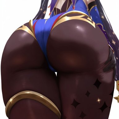 genshin impact, mona (genshin impact), 1girls, ass, ass focus, female, female only, from behind, hourglass figure, leotard, pantyhose, solo, wide hips, ai generated, low-angle view
