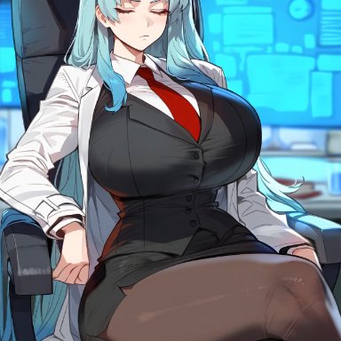 lobotomy corporation, angela (lobotomy corporation), floox, 1girls, blue hair, breasts, female, hips, huge breasts, long hair, naughty face, thick thighs, thighs, wide hips, ai generated