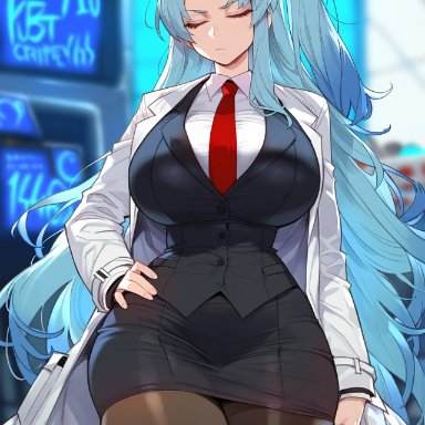 lobotomy corporation, angela (lobotomy corporation), floox, 1girls, blue hair, breasts, female, hips, huge breasts, long hair, naughty face, paizuri, thick thighs, thighs, wide hips