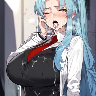 lobotomy corporation, angela (lobotomy corporation), floox, 1girls, blue hair, breasts, cum, cum in mouth, cum on clothes, female, hips, huge breasts, long hair, naughty face, thick thighs