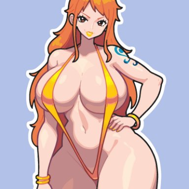 one piece, nami, adnyc, 1girls, bikini, breasts, curvaceous, curvy, curvy figure, female, female only, large breasts, lipstick, looking at viewer, orange hair