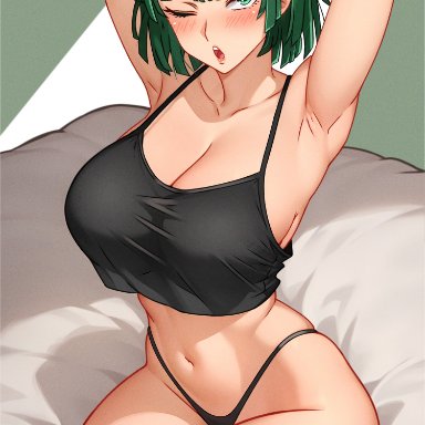 one-punch man, fubuki (one-punch man), cetta (cettadvd), 1girls, armpits, big breasts, black thong, blush, bottomwear, breasts, camisole, cleavage, clothing, female, female only