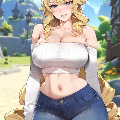 genshin impact, navia (genshin impact), floox, thiccwithaq (ai style), 1girls, blonde hair, blue eyes, breasts, female, hips, huge breasts, light skin, light-skinned female, long hair, naughty face