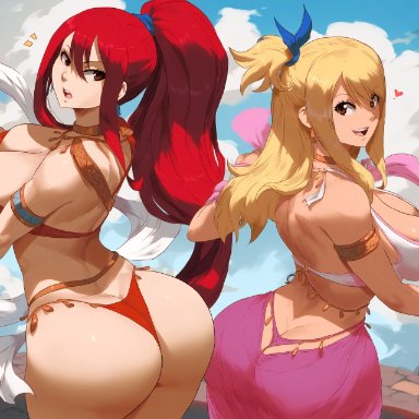 fairy tail, erza scarlet, lucy heartfilia, mullon, 2girls, big ass, blonde hair, curvy, curvy figure, dancer, harem outfit, huge ass, jewelry, large breasts, long hair