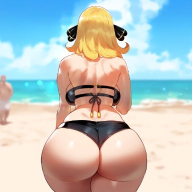 pokemon, cynthia (pokemon), miyuai, 1girls, ass, ass bigger than head, ass cleavage, ass expansion, ass focus, ass up, back, back view, backboob, beach, big ass