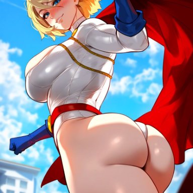 dc, dc comics, superman (series), power girl, floxin, 1girls, ass, ass focus, back, back view, bare legs, bare thighs, big ass, big breasts, big butt