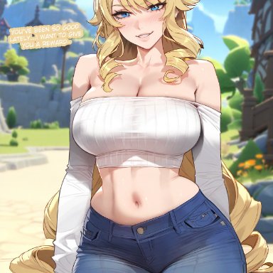 genshin impact, navia (genshin impact), floox, thiccwithaq (ai style), 1girls, blonde hair, blue eyes, breasts, female, hips, huge breasts, light skin, light-skinned female, long hair, naughty face