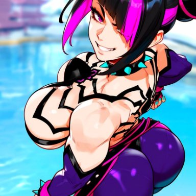 capcom, street fighter, juri han, floxin, 1girls, bare arms, bare shoulders, big breasts, black hair, blush, clothed, clothing, female, female focus, female only