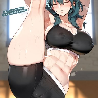 fire emblem, fire emblem: three houses, nintendo, byleth (fire emblem), byleth (fire emblem) (female), floox, thiccwithaq (ai style), 1girls, abs, blue eyes, blue hair, booty shorts, breasts, dolphin shorts, female