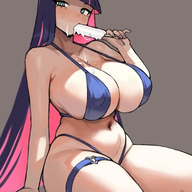 stocking anarchy, donburikazoku, 1girls, bikini, breasts, female, green eyes, huge breasts, large breasts, light skin, light-skinned female, long hair, naughty face, purple hair, thick thighs