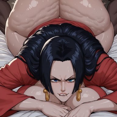 one piece, boa hancock, cyrus2019, big ass, biting lip, cellulite, dark-skinned male, female, male, rough sex, thick thighs, ai generated