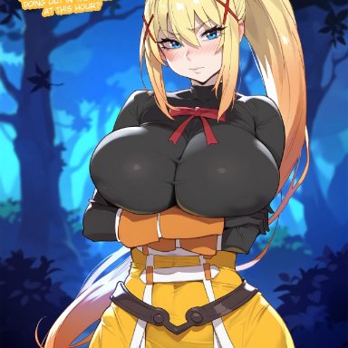 darkness (konosuba), floox, thiccwithaq (ai style), 1girls, blonde hair, blue eyes, breasts, female, hips, huge breasts, light skin, light-skinned female, long hair, thick thighs, thighs