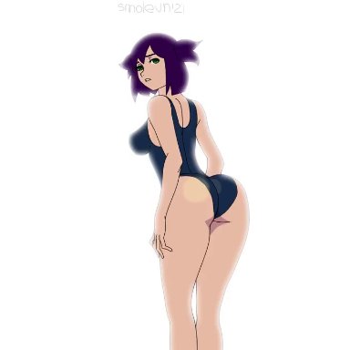 everlasting summer, twerking, swimsuit, one-piece swimsuit, purple hair, green eyes, background music, music