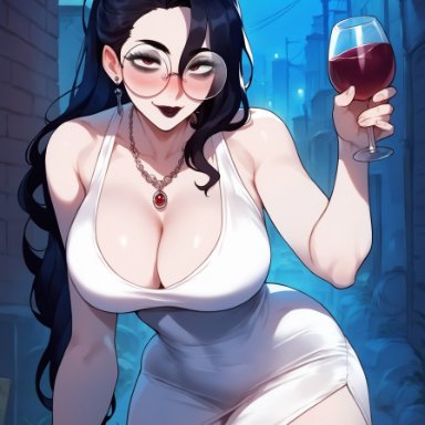 olie, thiccwithaq (ai style), xandr, 1girls, after party, alley, ass, bangs over eyes, big breasts, black hair, black lips, black lipstick, blush, breasts, brown eyes