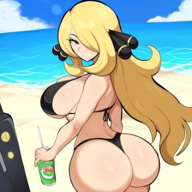 nintendo, pokemon, pokemon dppt, cynthia (pokemon), mullon, 1girls, adult, adult female, ass, ass focus, beach, big ass, big breasts, bikini, black bikini
