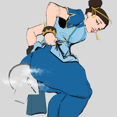 street fighter, chun-li, leftovers, 1girls, ass, ass focus, blue clothing, blue pants, breasts, butt, butt focus, clothed, clothed female, face in ass, faceless character
