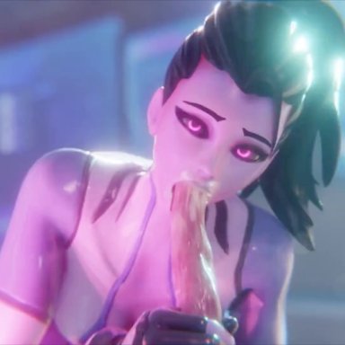 overwatch, widowmaker, fraxxlr, 1girls, black hair, blowjob, breasts, clothing, female, glowing eyes, long hair, open mouth, oral, penetration, pink tentacles