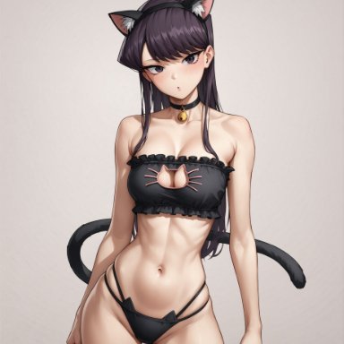 komi-san wa komyushou desu, komi shouko, notreallyhere, :o, 1girls, bare arms, bare shoulders, bell, breasts, cat bell, cat cutout, cat ears, cat lingerie, cat tail, catgirl