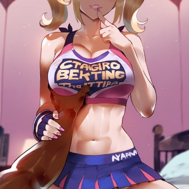 lollipop chainsaw, juliet starling, tittyg-ai, breast grab, cheerleader, cowgirl position, dark-skinned male, finger to mouth, grabbing another's breast, interracial, large breasts, midriff, panties aside, seductive look, sex