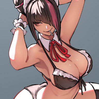 street fighter, juri han, armpit, armpits, arms behind head, arms up, ass, evil smile, large ass, large breasts, legs apart, looking to the side, maid bikini, maid headdress, object in mouth
