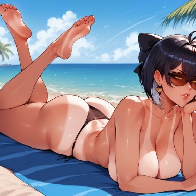 wuthering waves, female rover (wuthering waves), rover (wuthering waves), balecxi, beach, bikini, eyewear, eyewear on head, feet, feet up, heart-shaped eyewear, looking at viewer, ocean, on stomach, red eyeliner