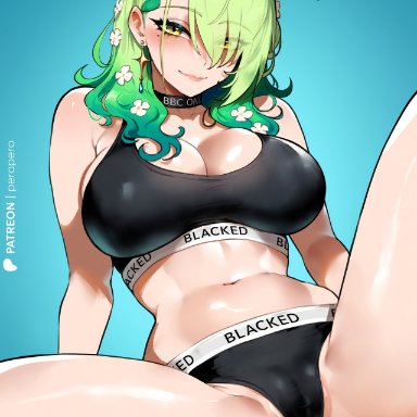 blacked, hololive, hololive english, hololive english -council-, ceres fauna, peropero, thiccwithaq (ai style), 1girls, ahoge, antlers, black bra, black panties, blacked clothing, blue background, blush