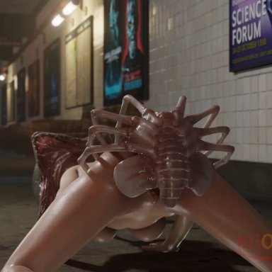 alien (franchise), capcom, resident evil, resident evil 3, claire redfield, claire redfield (jordan mcewen), facehugger, kgovipositors, 1girls, ass, big breasts, blue eyes, bouncing breasts, breasts, brown hair