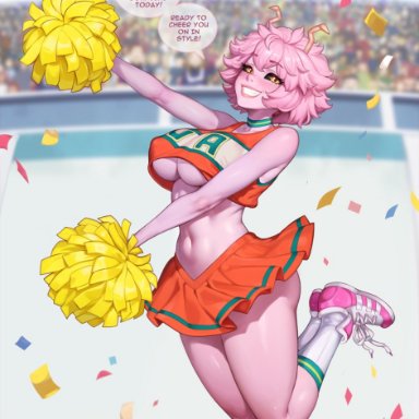 my hero academia, mina ashido, ange1witch, 1girls, ass, belly button, big breasts, black sclera, breasts, cheerleader, cheerleader uniform, choker, clothed, eyebrows visible through hair, female