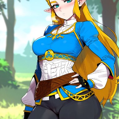 breath of the wild, nintendo, the legend of zelda, princess zelda, zelda (breath of the wild), floox, 1girls, bimbo, blonde hair, breasts, cameltoe, female, green eyes, hips, large breasts