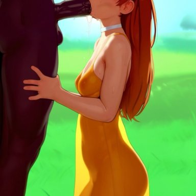 ai generated, neon genesis evangelion, asuka langley sohryu, blowjob, dark-skinned male, interracial, large penis, light-skinned female, looking at viewer, petite body, saliva trail, see-through, see-through clothing, small breasts, teenager