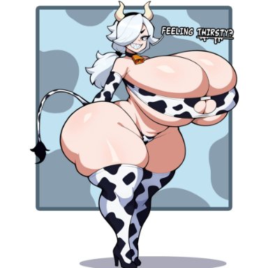 brawl stars, colette (brawl stars), monkechrome, 1girls, ass, big ass, big breasts, breasts, bubble butt, bursting breasts, cow print, cow tail, cowbell, grin, hair over one eye