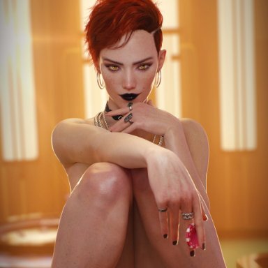 cd projekt red, cyberpunk 2077, aurore cassel, fugtrup, unknown artist, 1girls, abs, areolae, bare arms, bare legs, bare shoulders, bare thighs, completely nude, completely nude female, eyeshadow