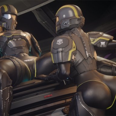 helldivers, helldivers 2, helldiver (helldivers), wotm8h8, 2girls, 5 fingers, armor, armored female, ass, bending over, big ass, big breasts, big butt, big thighs, breasts