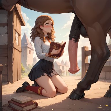 harry potter, hermione granger, book, feral, horse, horsecock, interspecies, kneeling, looking at penis, zoophilia, ai generated, stable diffusion