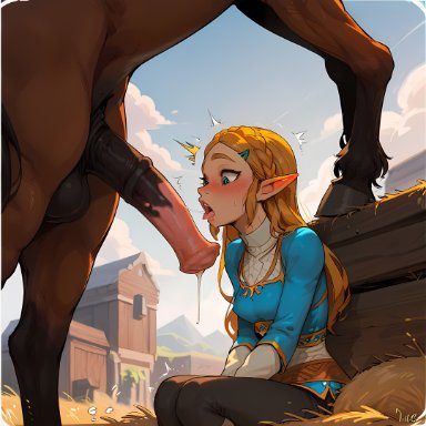 the legend of zelda, princess zelda, zelda (breath of the wild), blush, feral, horse, horsecock, large penis, looking at penis, precum, sitting, surprised, tongue out, zoophilia, ai generated